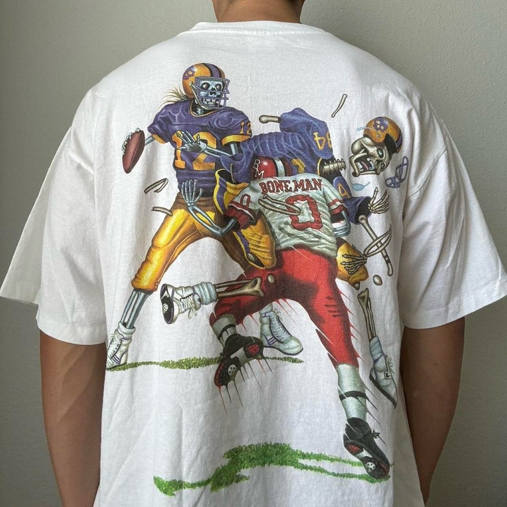 Vintage 1990s Bone Man Activewear Football Graphics White Single Stitched Tee